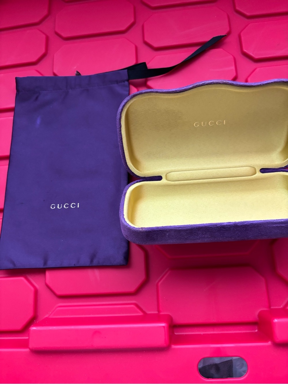 Gucci Purple Suede Eyewear Case with Yellow Interior and Dust Pouch
